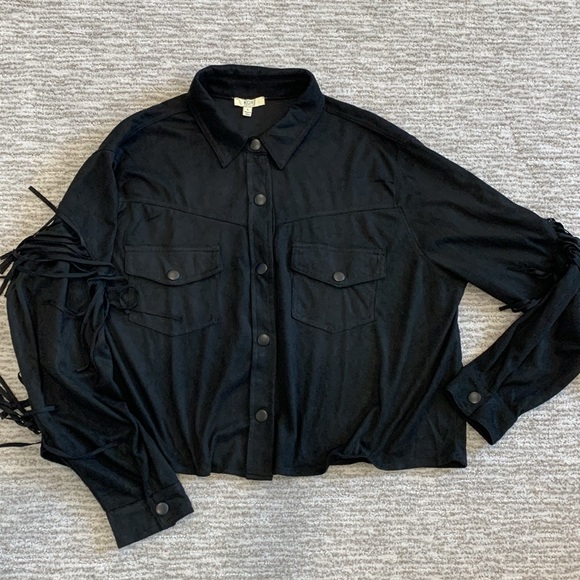 KORI Black Faux Suede Western Fringe Snap Shirt Jacket Womens Size Large Shacket - Picture 8 of 13